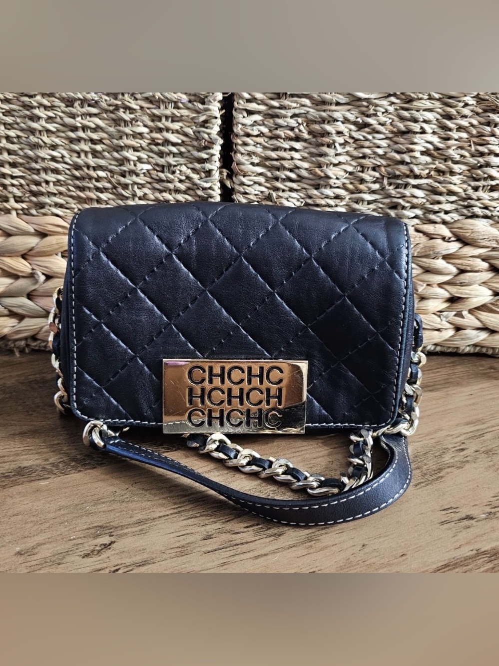 CH Carolina Herrera Black Quilted Leather Flap Crossbody Bag with Gold CHHC Pla